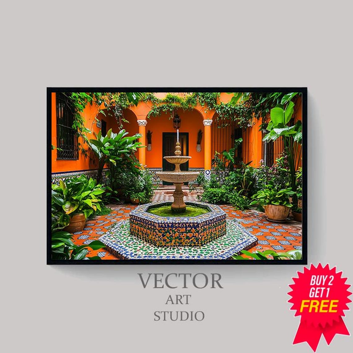 Mexican Courtyard Hexagonal Mosaic Fountain Garden View Poster - Image 4