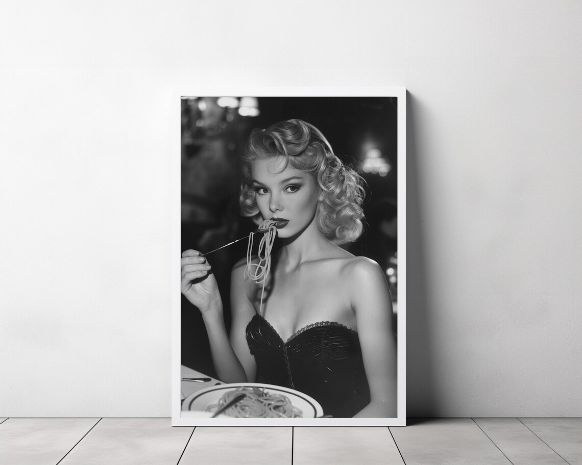 Black And White Woman Eating Spaghetti Vintage Italian Photo Poster - Image 3