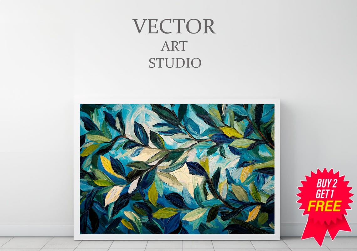 Abstract Blue and Green Leaf Branches Bold Impasto Style Art Poster - Image 3