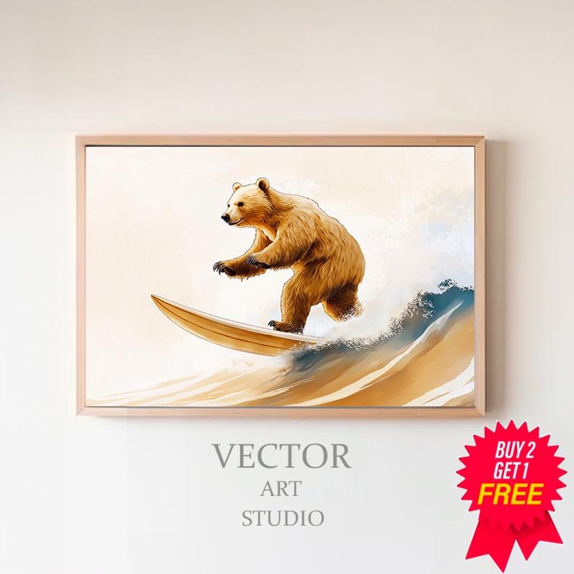 Golden Bear Surfing A Warm Golden Wave On A Surfboard Nursery Wall Art