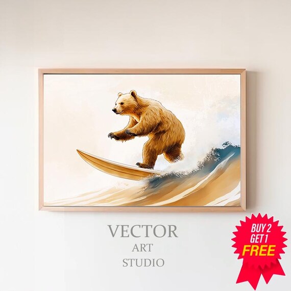 Golden Bear Surfing A Warm Golden Wave On A Surfboard Nursery Wall Art