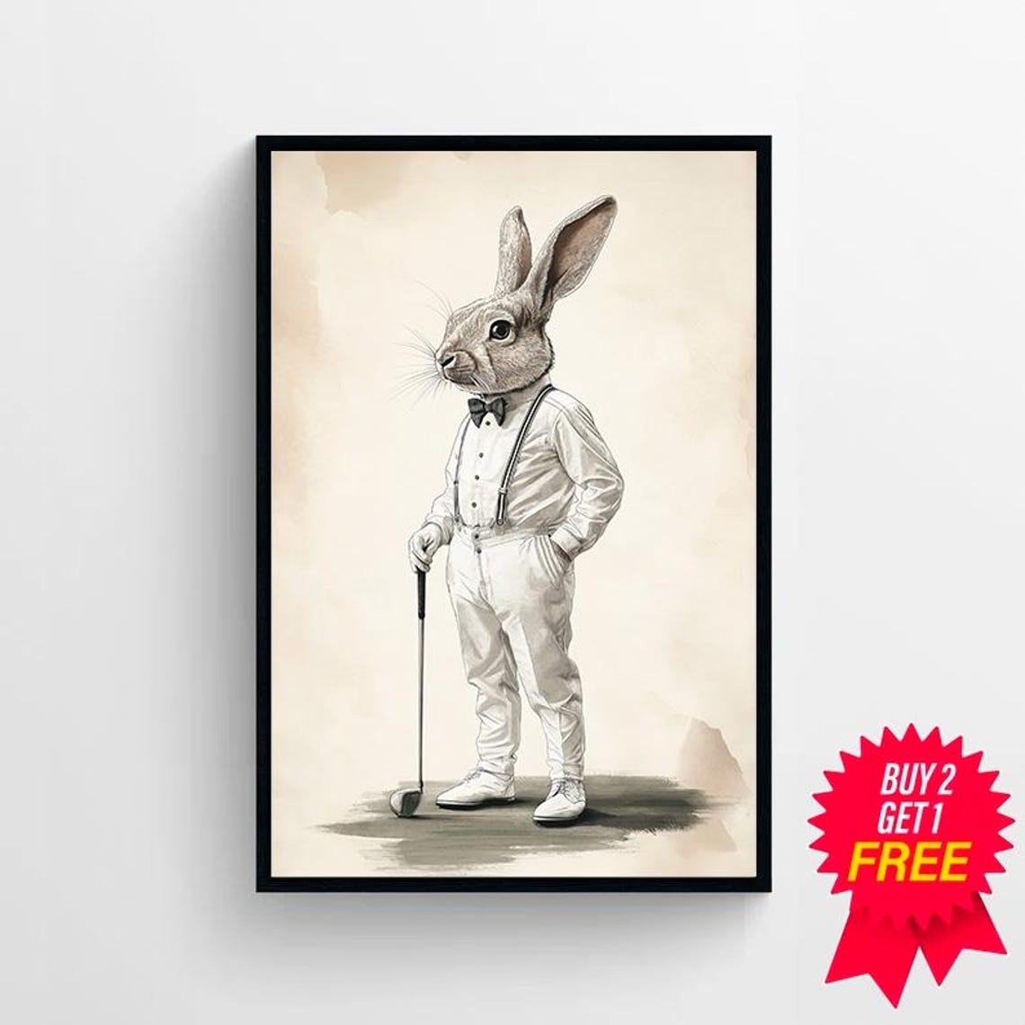 White Rabbit Golfer White Suit Bow Tie Vintage Nursery Poster - Image 4
