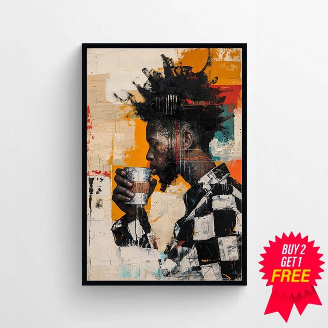 Geometrical Afro Men Coffee Lover Wall Art Print - Image 4