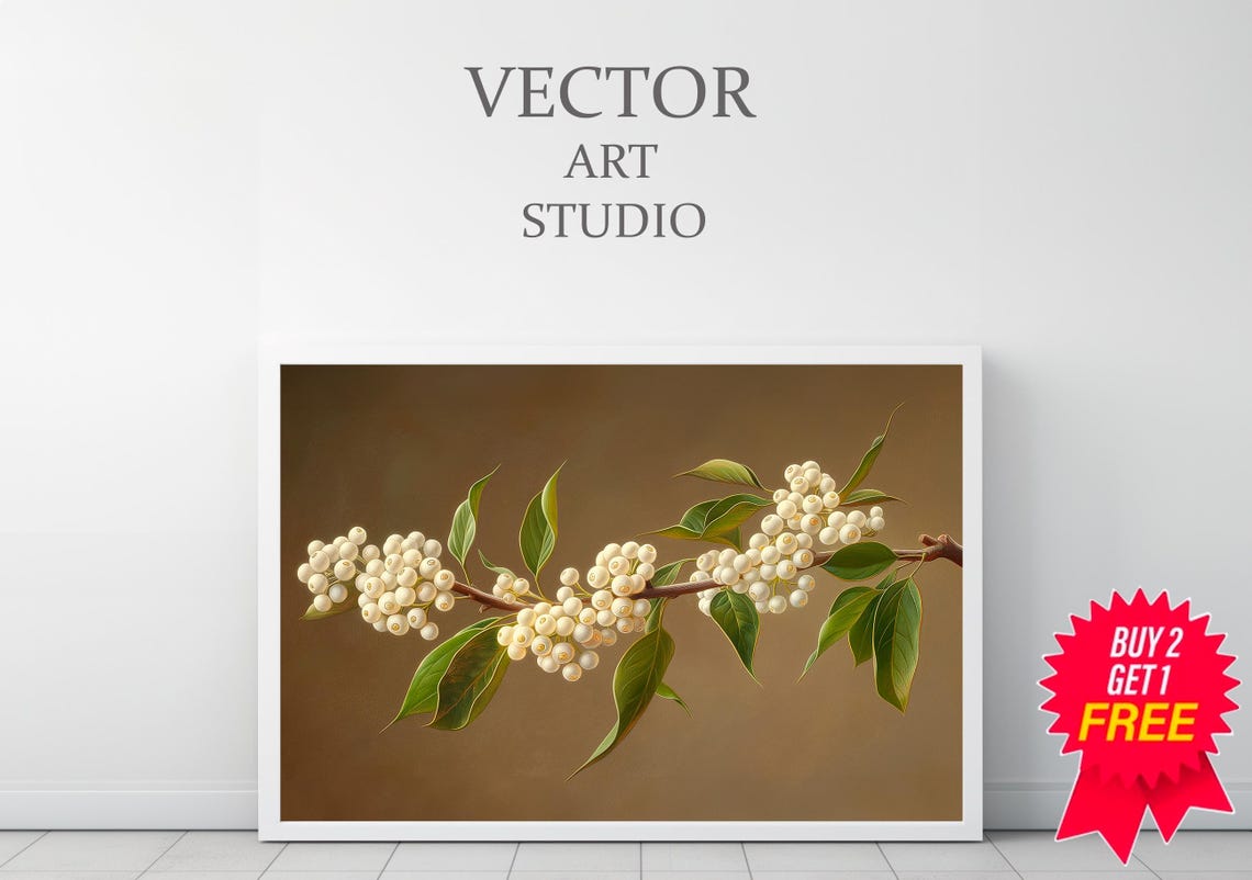 White Winter Berries Branch Vintage Botanical Art on Brown Poster - Image 3