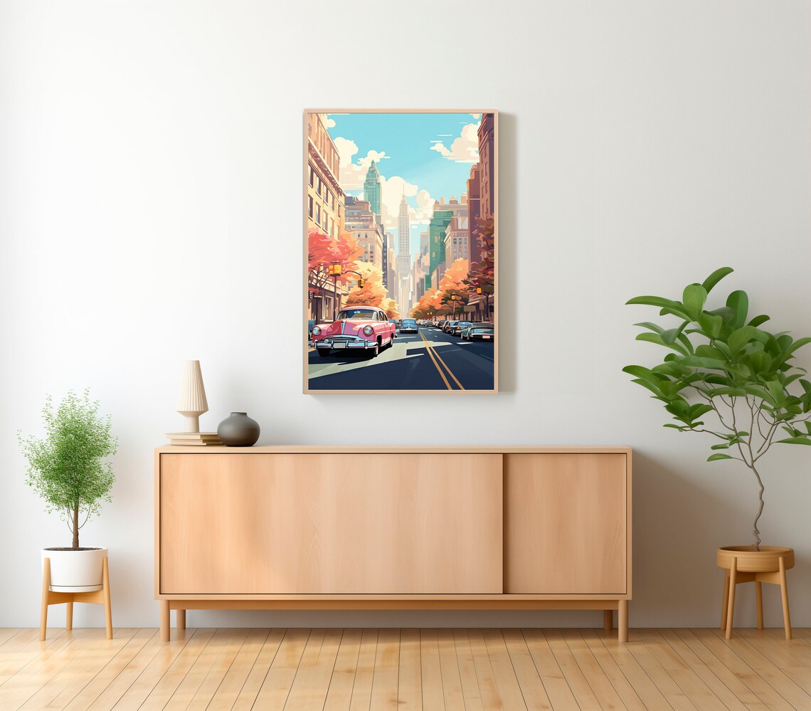 Autumn New York Street Pink Classic Car Retro Vintage City Print - Image 2