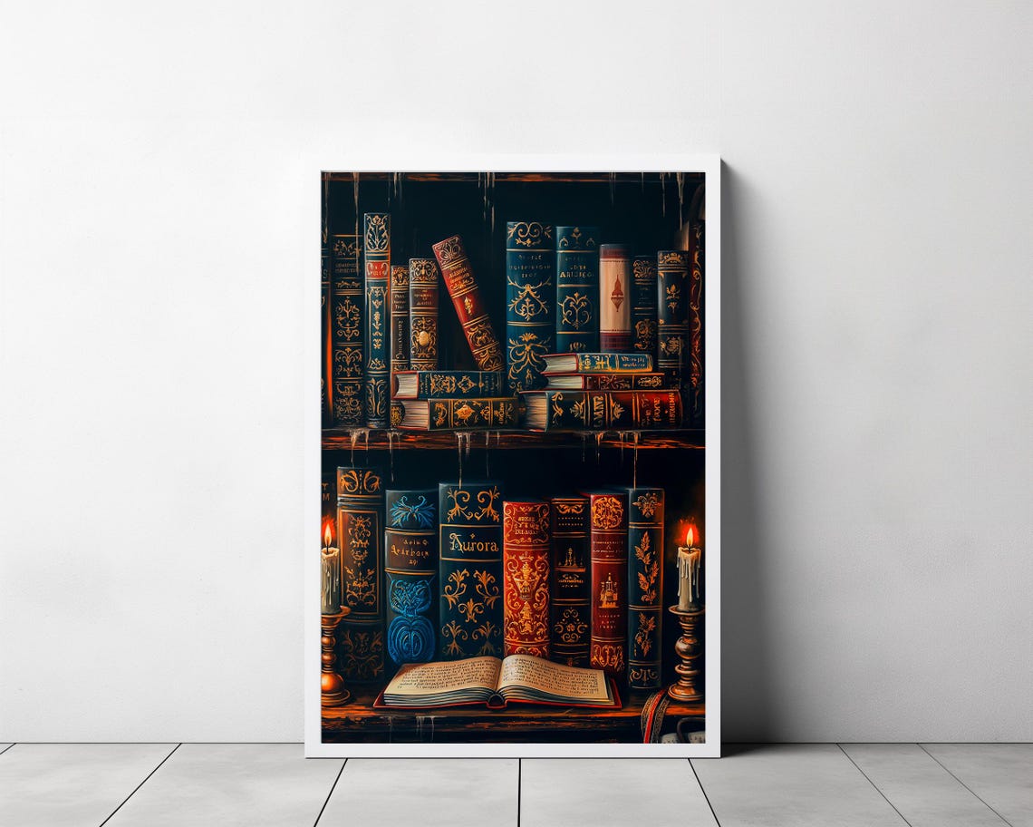 Gothic Antique Library Bookshelf By Candlelight Books Poster - Image 3