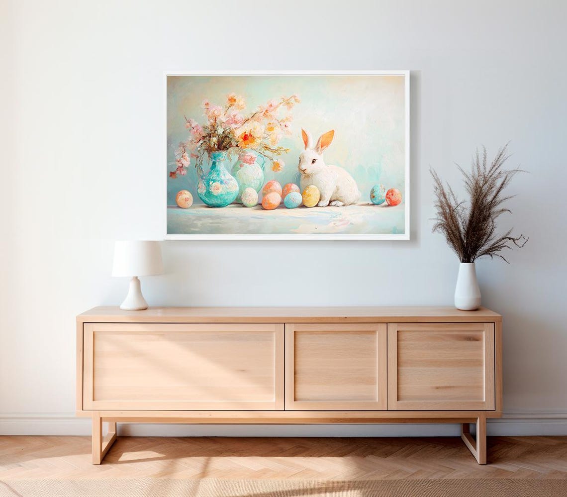 Easter Bunny with Painted Eggs Vintage Spring Floral Art Print - Image 2