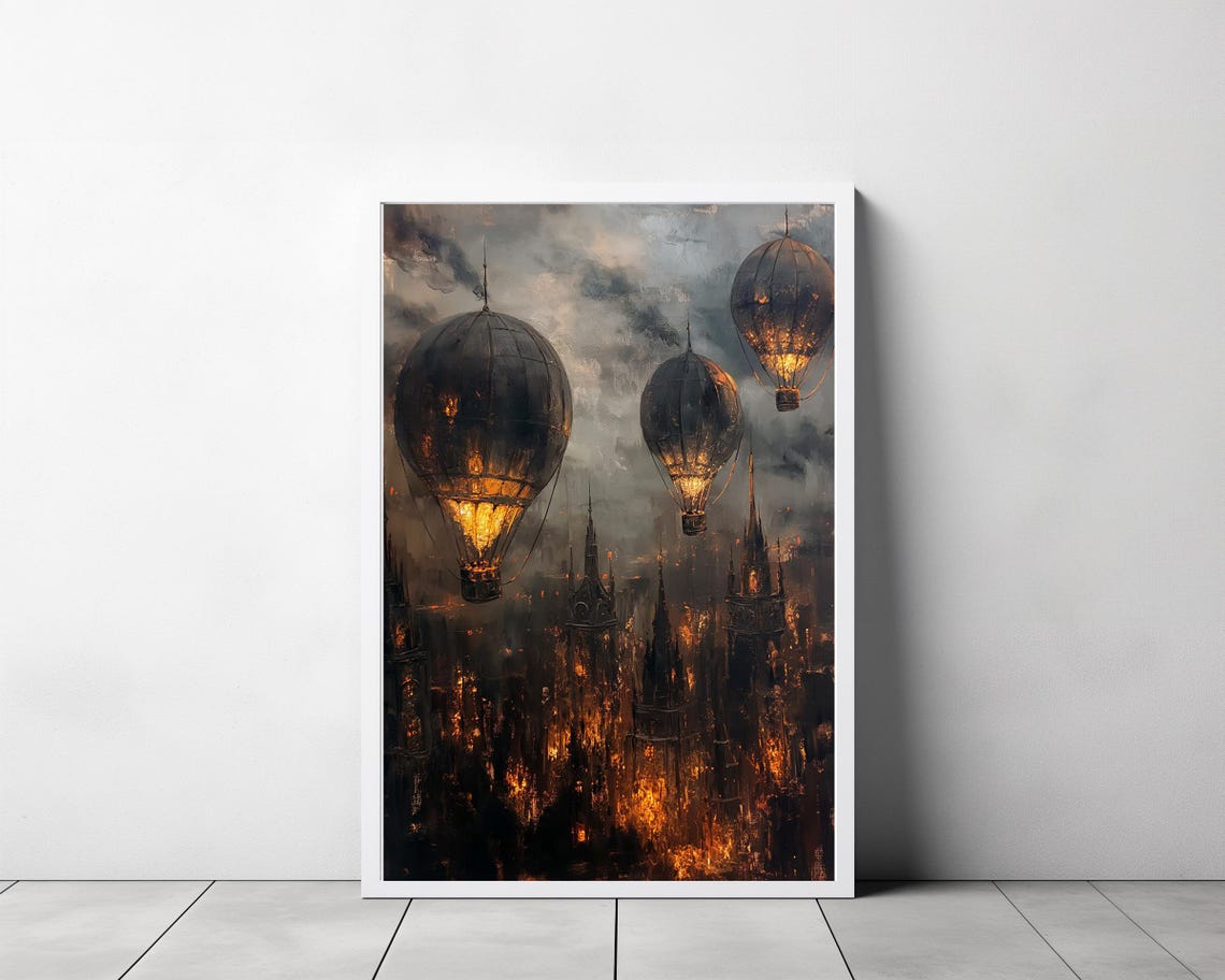 Glowing Steampunk Hot Air Balloons Over Burning Gothic City Poster - Image 3