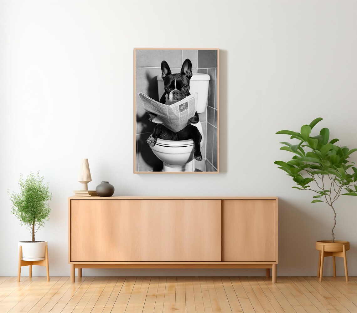 French Bulldog On Toilet Reading Newspaper Funny Photo Poster - Image 2