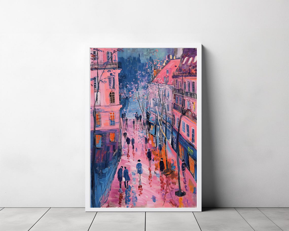Pink Parisian Street at Dusk Rainy Cityscape Oil Painting Poster - Image 3