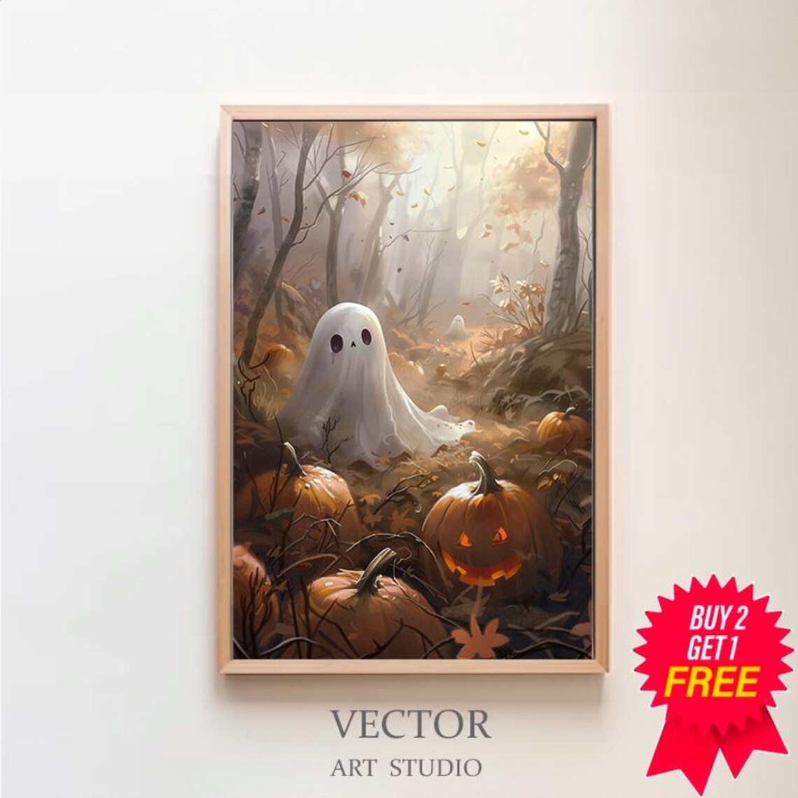 Ghost In Autumn Pumpkin Patch With Glowing Jack-O-Lantern Halloween Poster