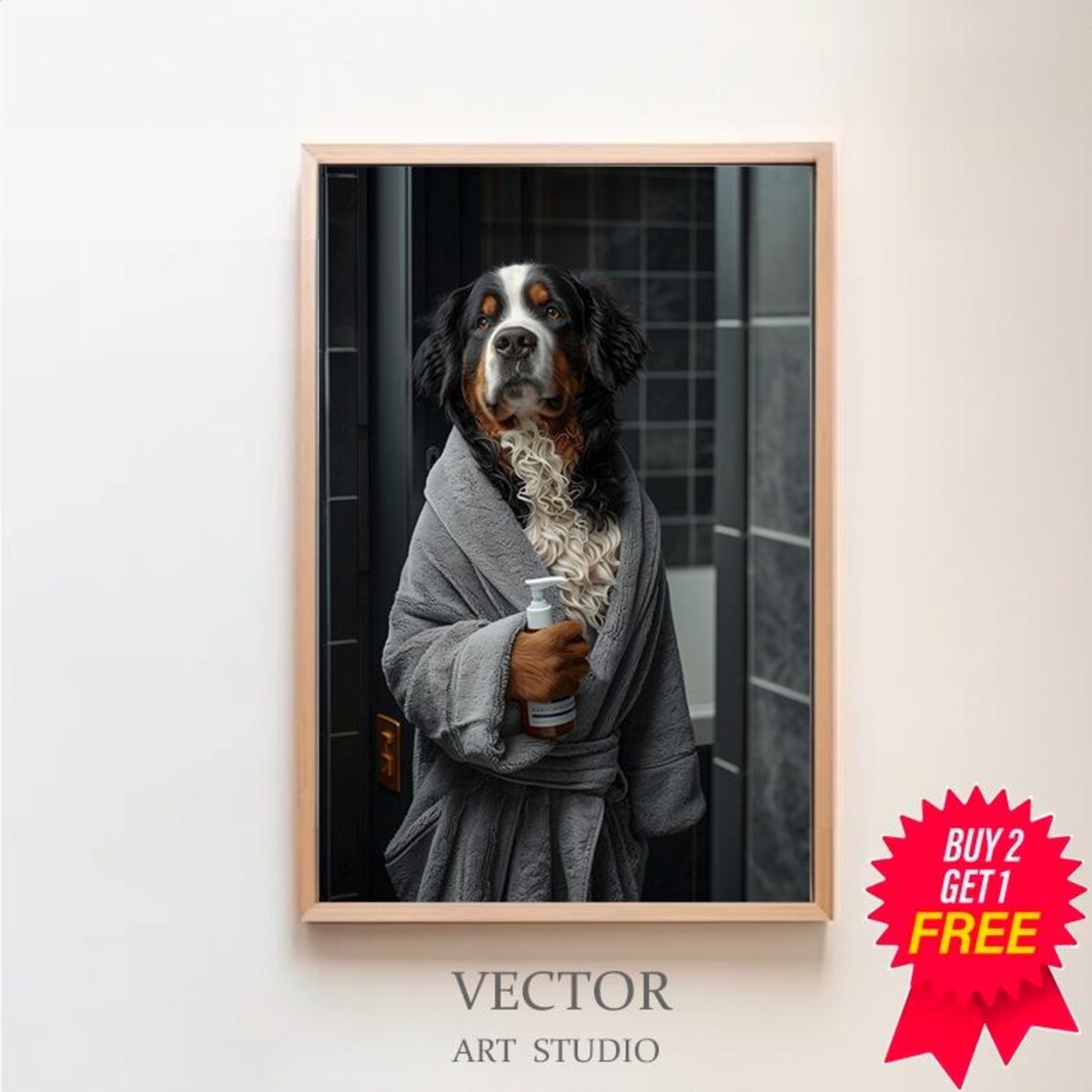 Bernese Mountain Dog in Bathrobe Funny Bathroom Dog Photo Poster