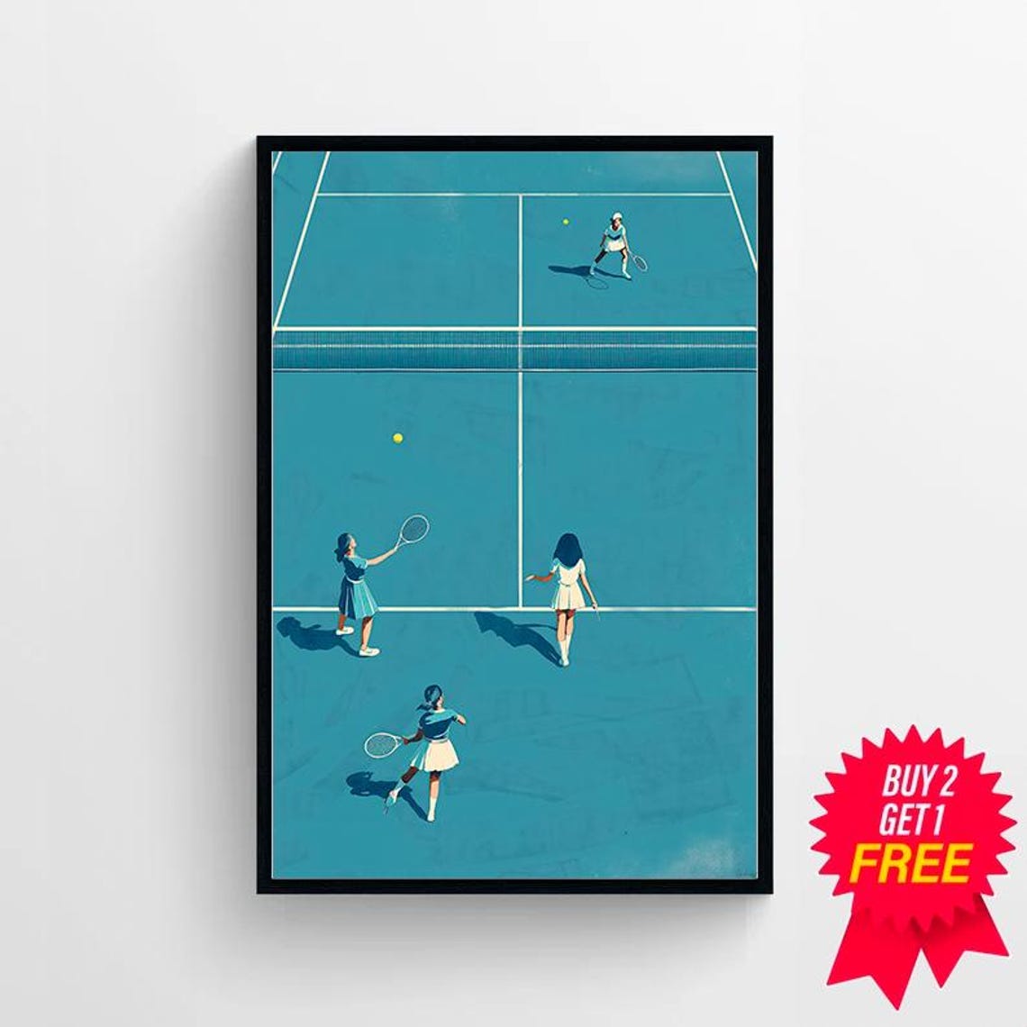 Minimalist Tennis Match On A Teal Blue Court Illustration Poster - Image 4