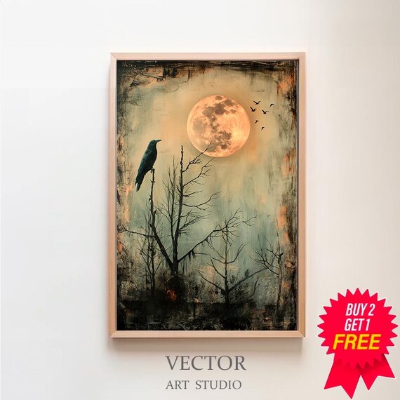 Full Moon Raven in Dead Trees Spooky Halloween Night Scene Poster
