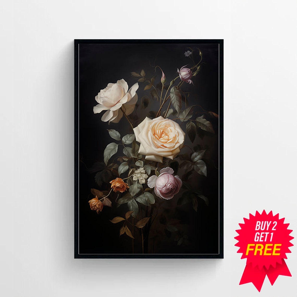 White and Blush Roses on Black Dark Academia Floral Still Life Poster - Image 4