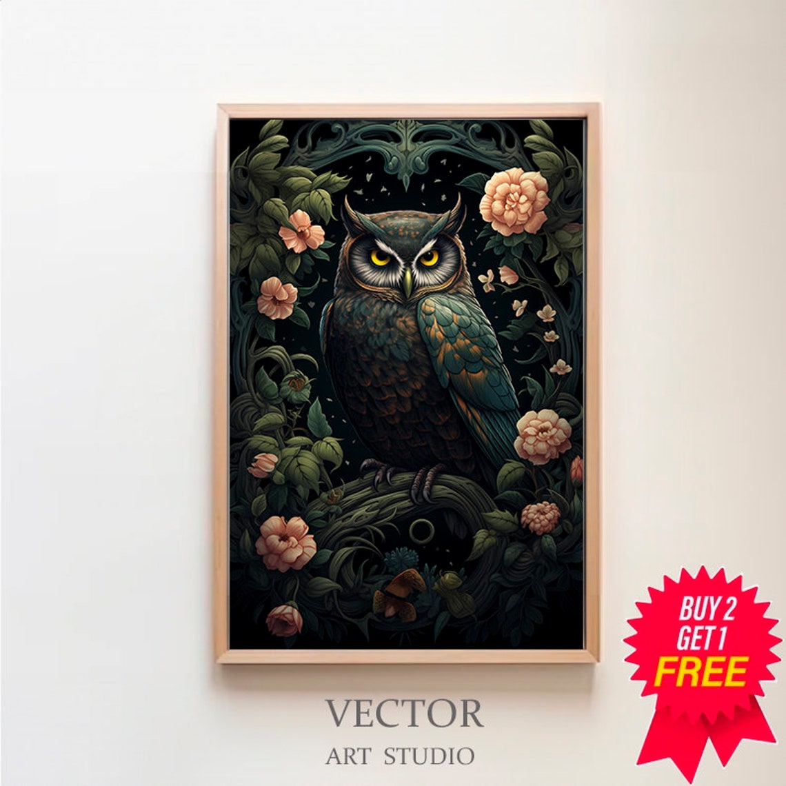 Wise Owl Yellow Eyes Floral Night Garden Botanical Art Poster