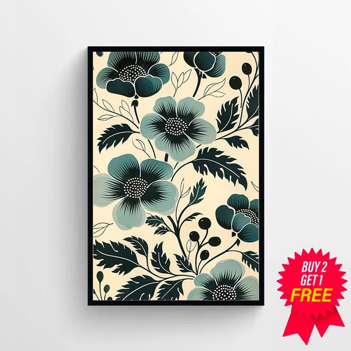 Sage Green Folk Flowers on Cream Boho Botanical Style Poster - Image 4