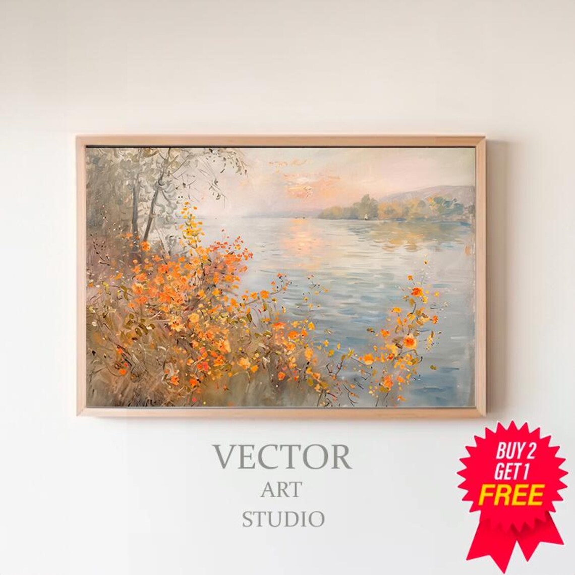 Autumn Wildflowers by the River Sunset Vintage Landscape Poster