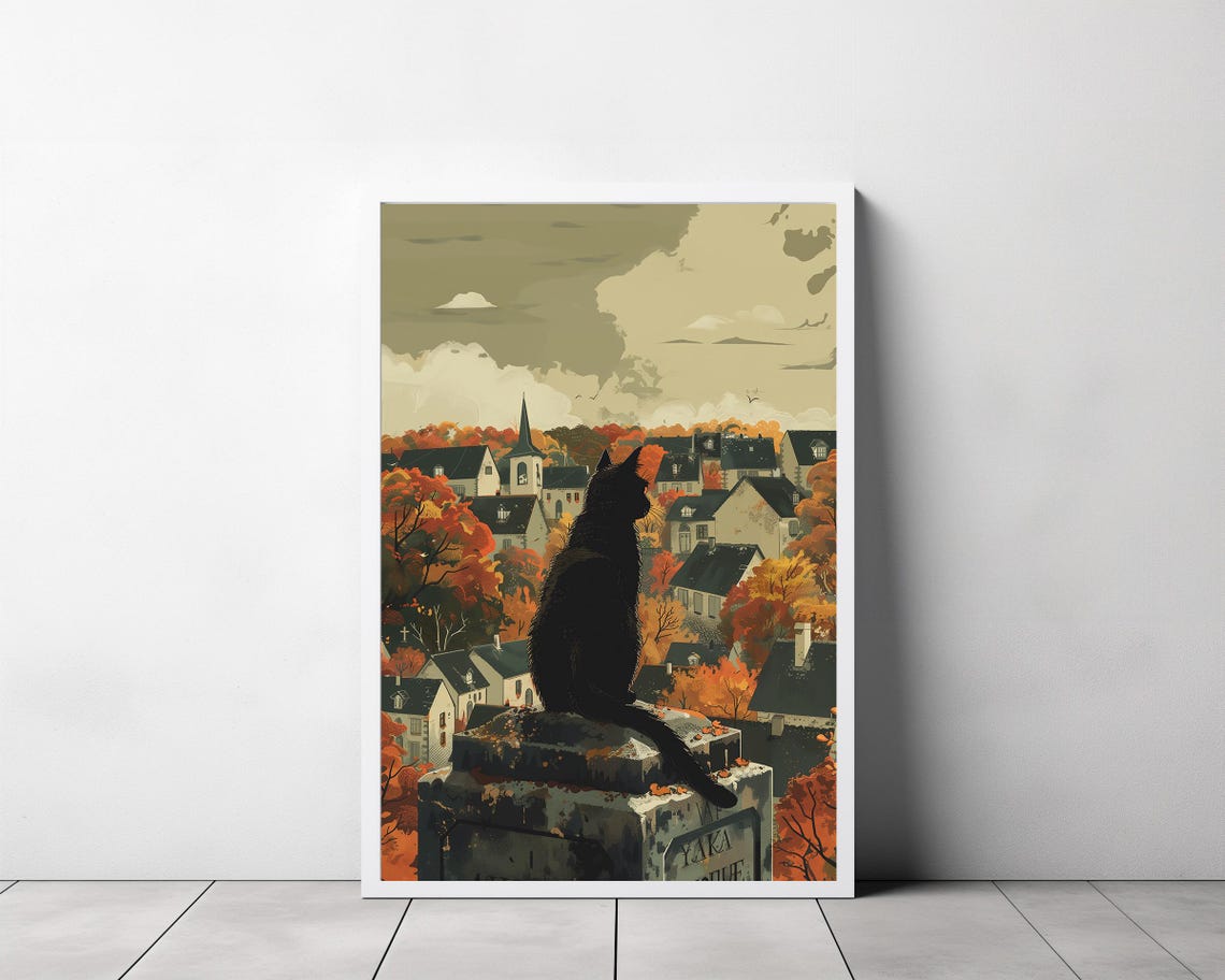 Black Cat Sitting on a Tombstone Above an Autumn Village Art Poster - Image 3