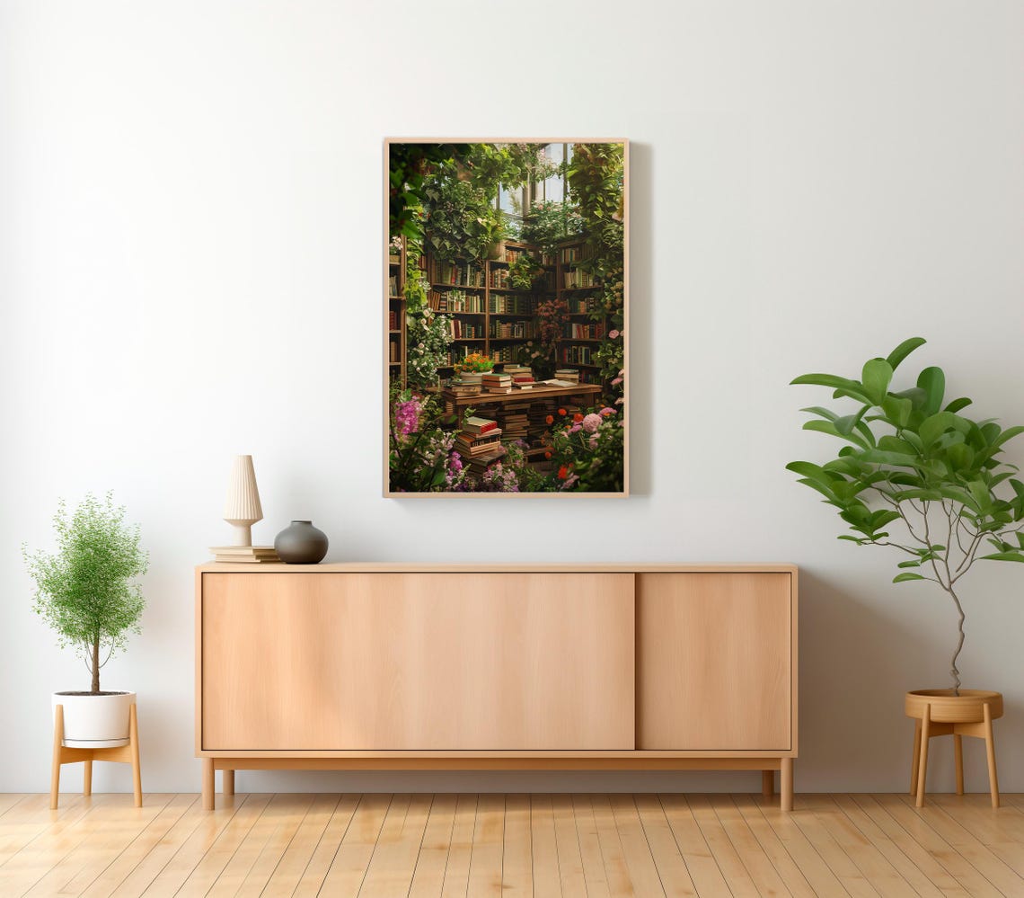 Overgrown Greenhouse Library Painting with Flowers and Books Poster - Image 2