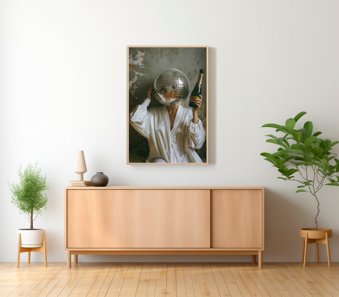 Surreal Woman With Disco Ball Head Holding Champagne Vintage Poster - Image 2