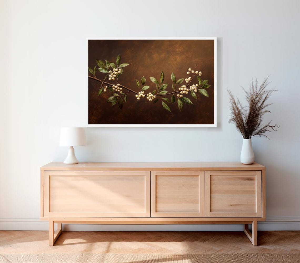 White Berries on Dark Branch Vintage Botanical Still Life Wall Art - Image 2