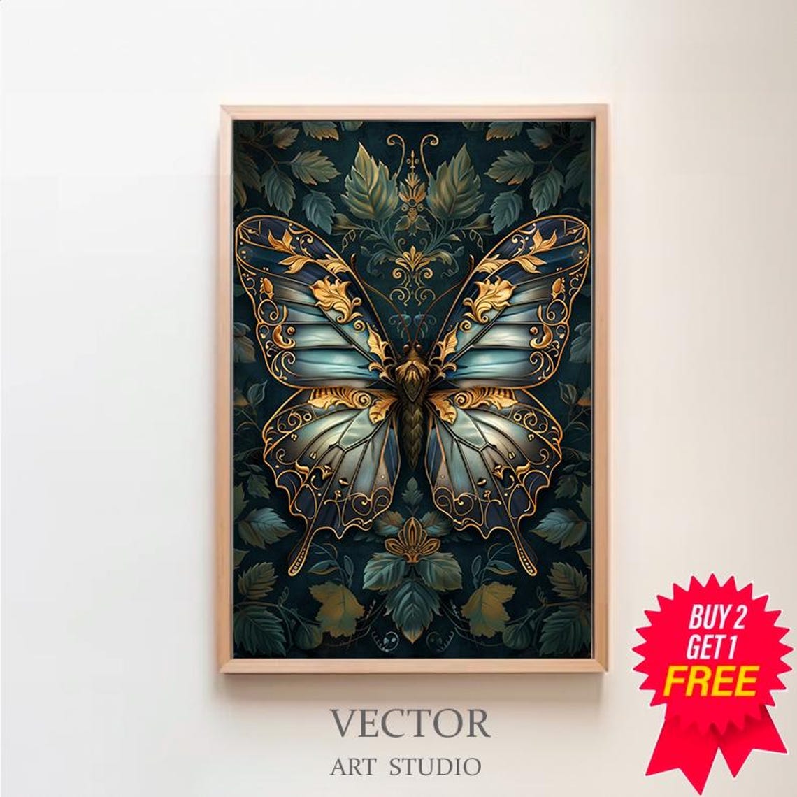 Blue and Gold Butterfly Baroque Vintage Botanical Floral Poster