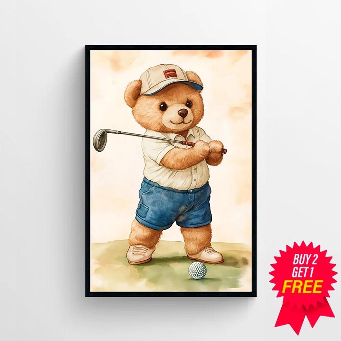 Teddy Bear Swinging Golf Club With Ball Watercolor Nursery Poster - Image 4