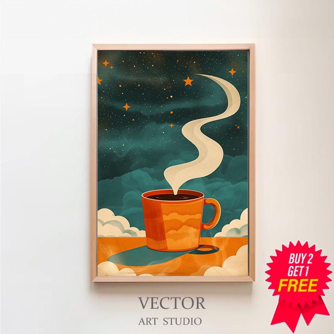 Cosmic Coffee Cup Under A Starry Night Sky Retro Kitchen Art Poster