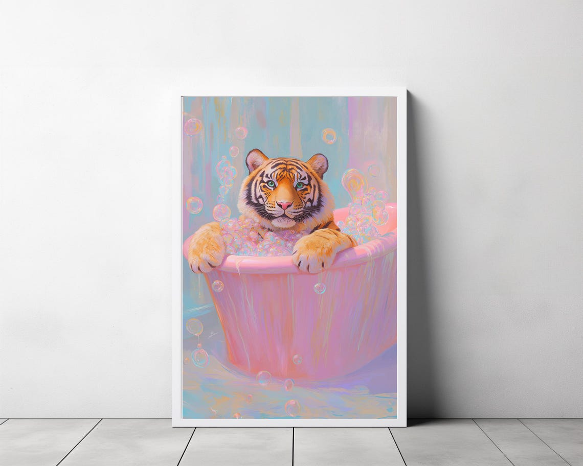 Tiger Cub Splashing in a Pastel Bubble Bath Whimsical Nursery Poster - Image 3
