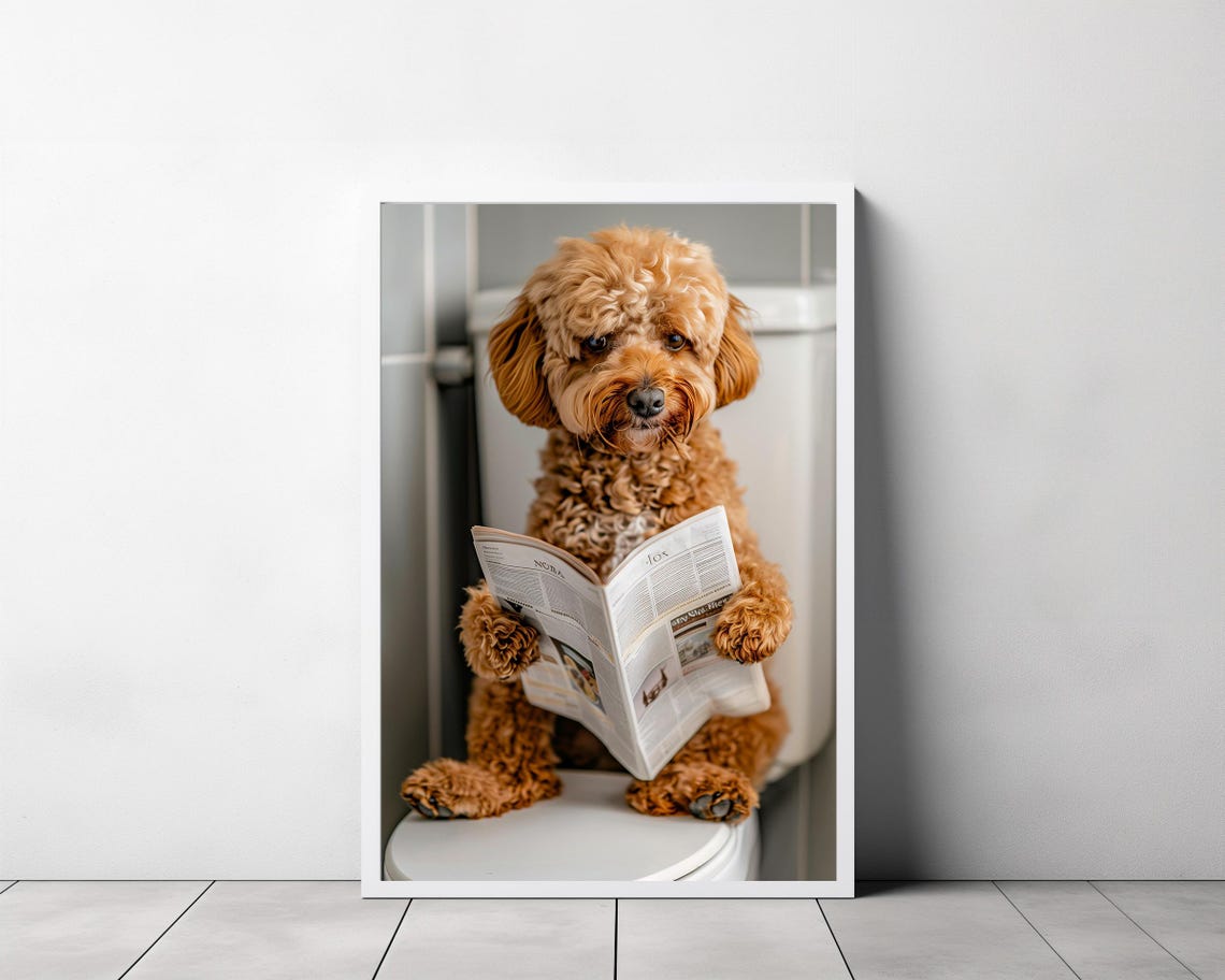 Cockapoo Puppy Reading Newspaper on Toilet Funny Animal Poster - Image 3