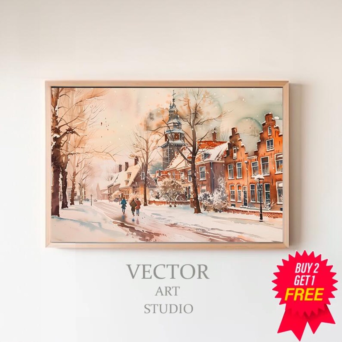 Snowy Dutch Style Village Winter Street Watercolor Painting Poster