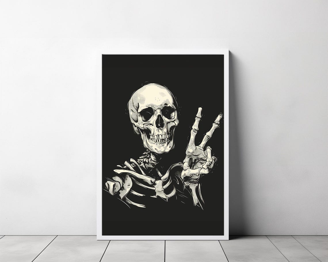 Stylized Skull Flashing a Peace Sign in Bold Ink Illustration Poster - Image 3