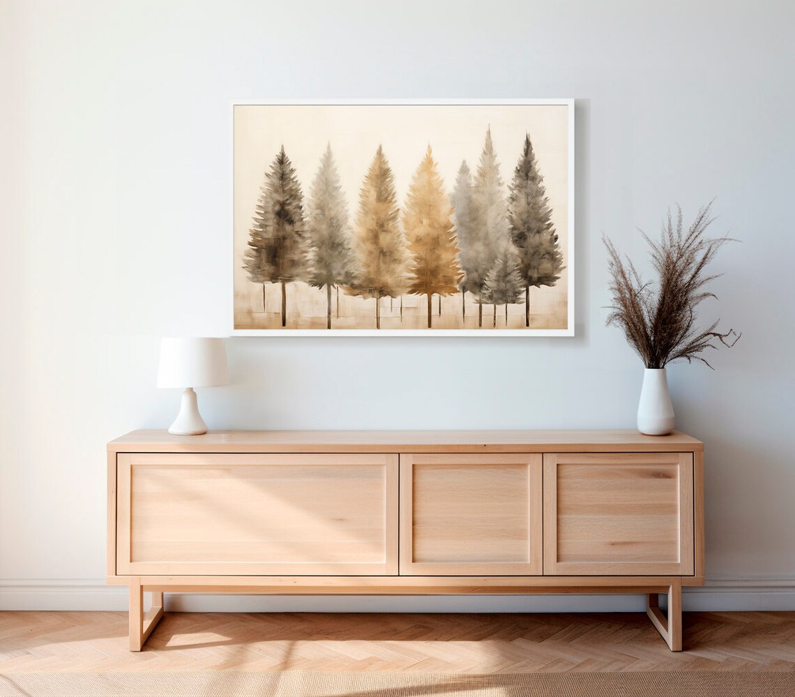Row of Muted Watercolor Pine Trees in Beige and Gold Tones Poster - Image 2