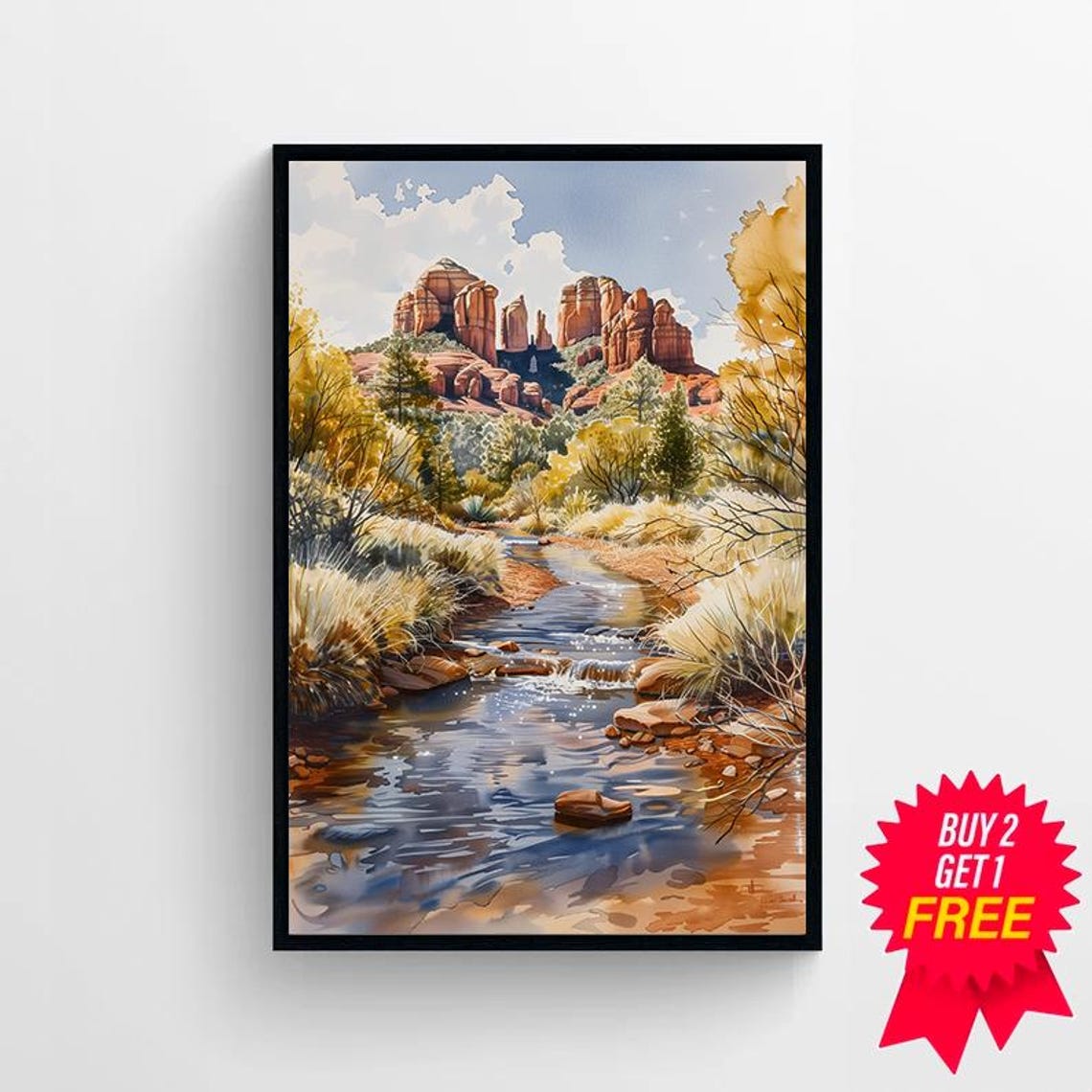 Sedona Arizona Red Rocks Watercolor Landscape Desert Creek Poster - Image 4