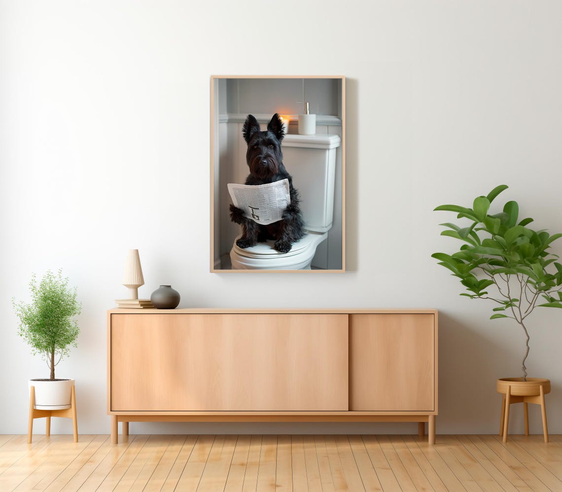 Funny Scottish Terrier Reading Newspaper on Toilet Bathroom Poster - Image 2
