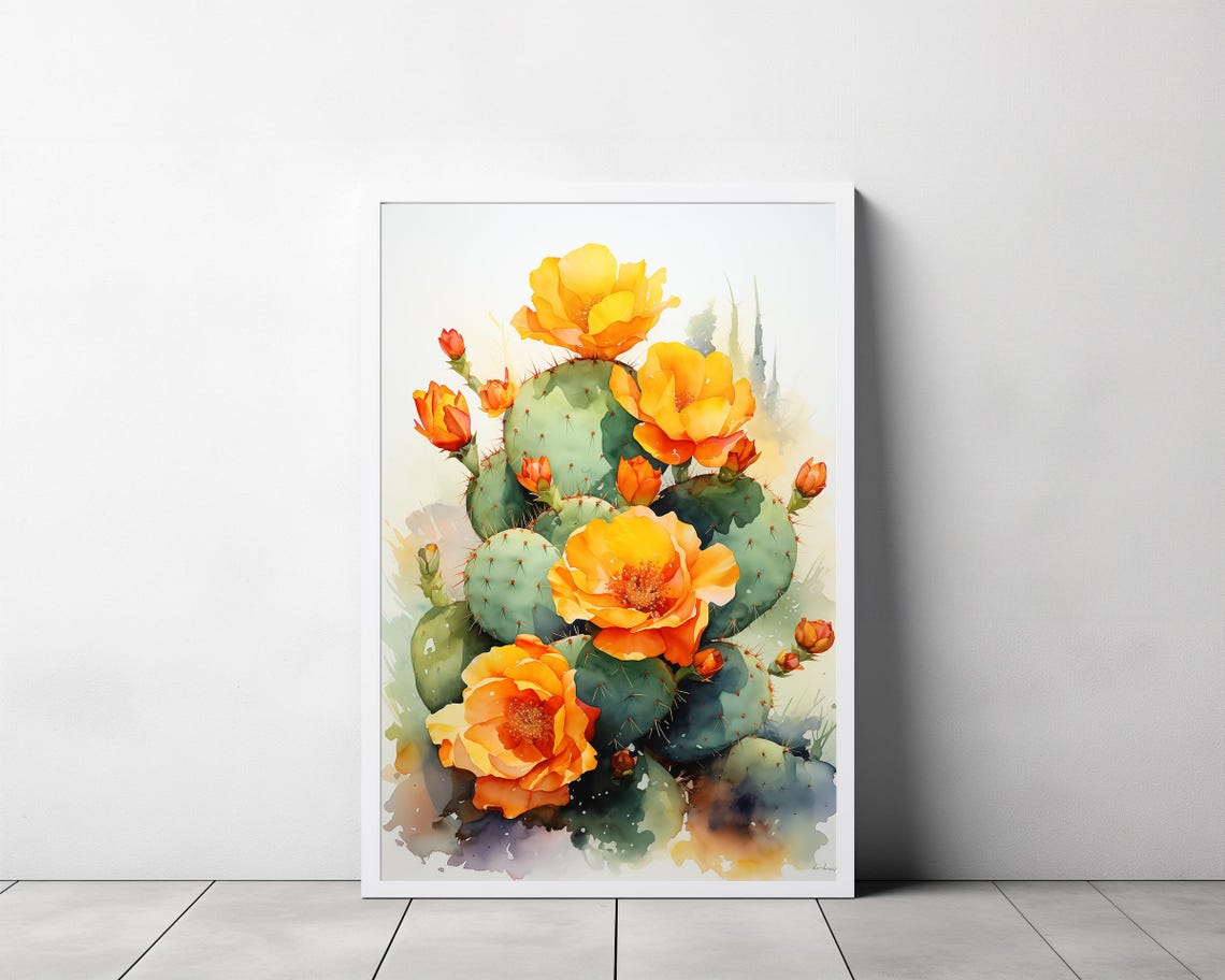 Blooming Prickly Pear Cactus with Yellow Blossoms Botanical Poster - Image 3
