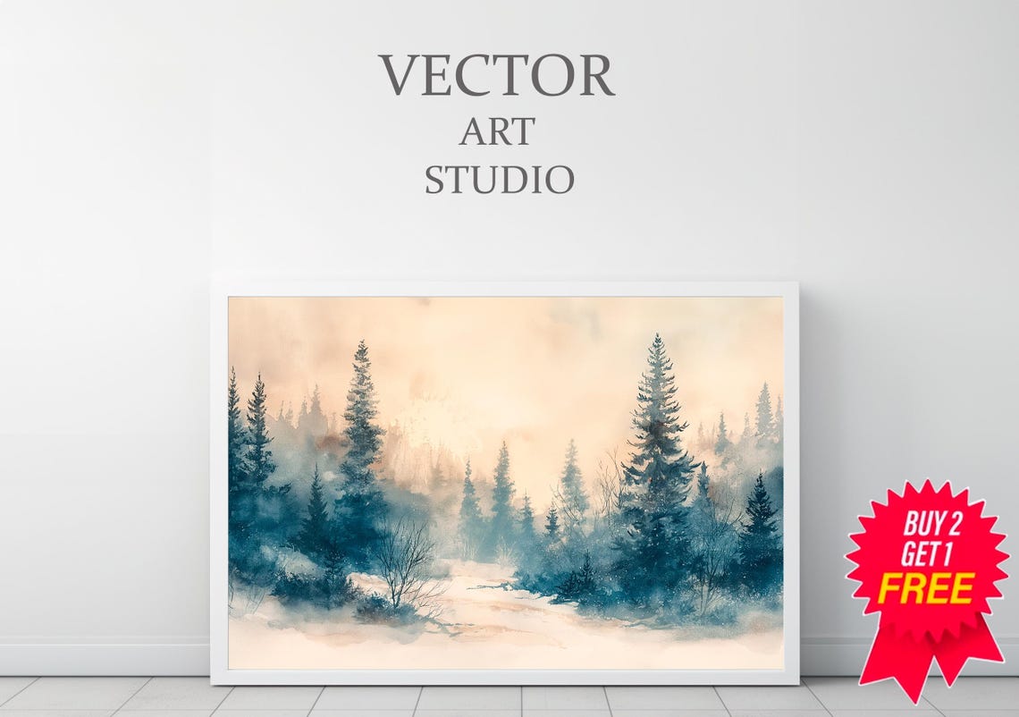 Snowy Pine Forest with a Winding Path in Soft Winter Light Art Poster - Image 3