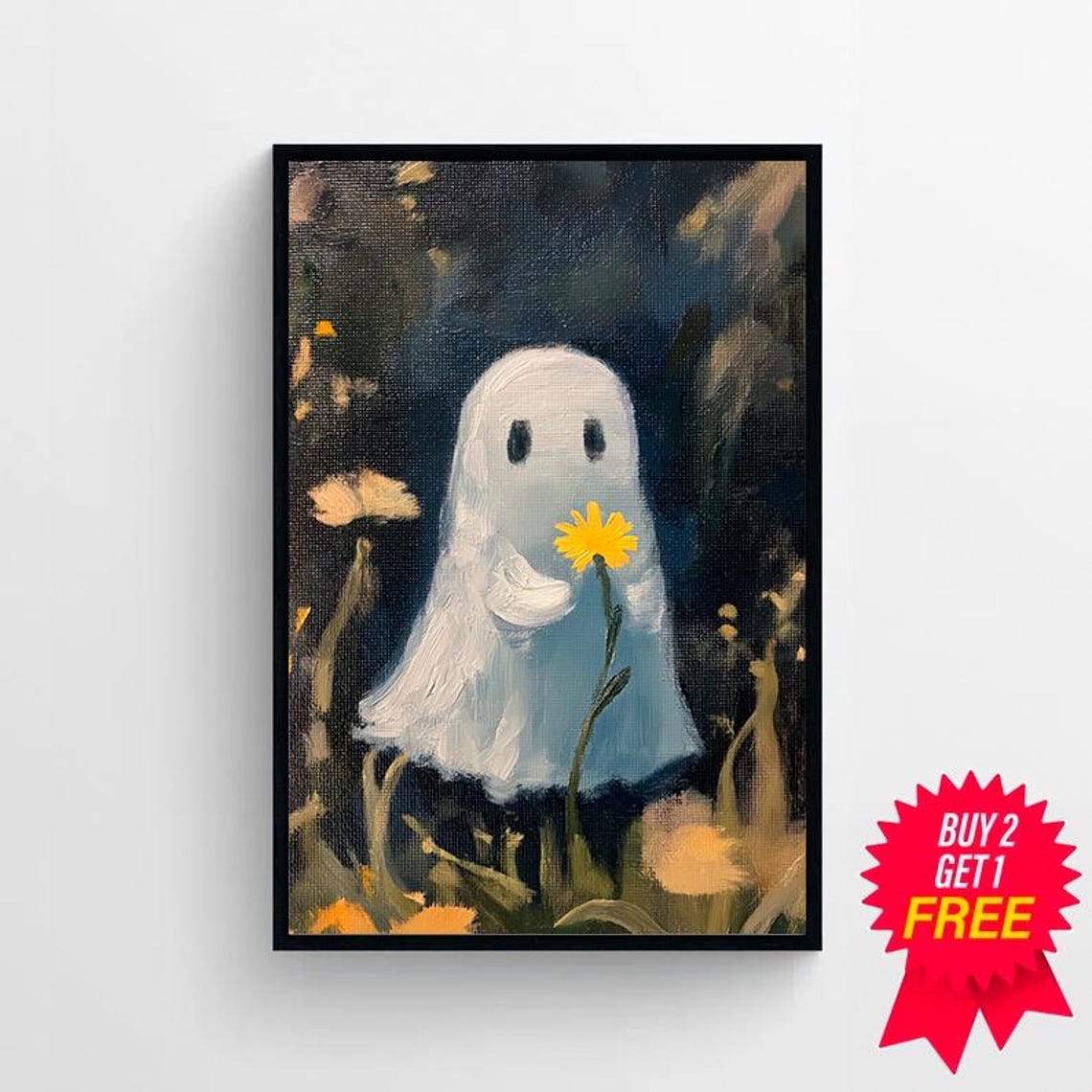 Tiny Ghost Holding a Daisy Among Wildflowers Dark Night Poster - Image 4