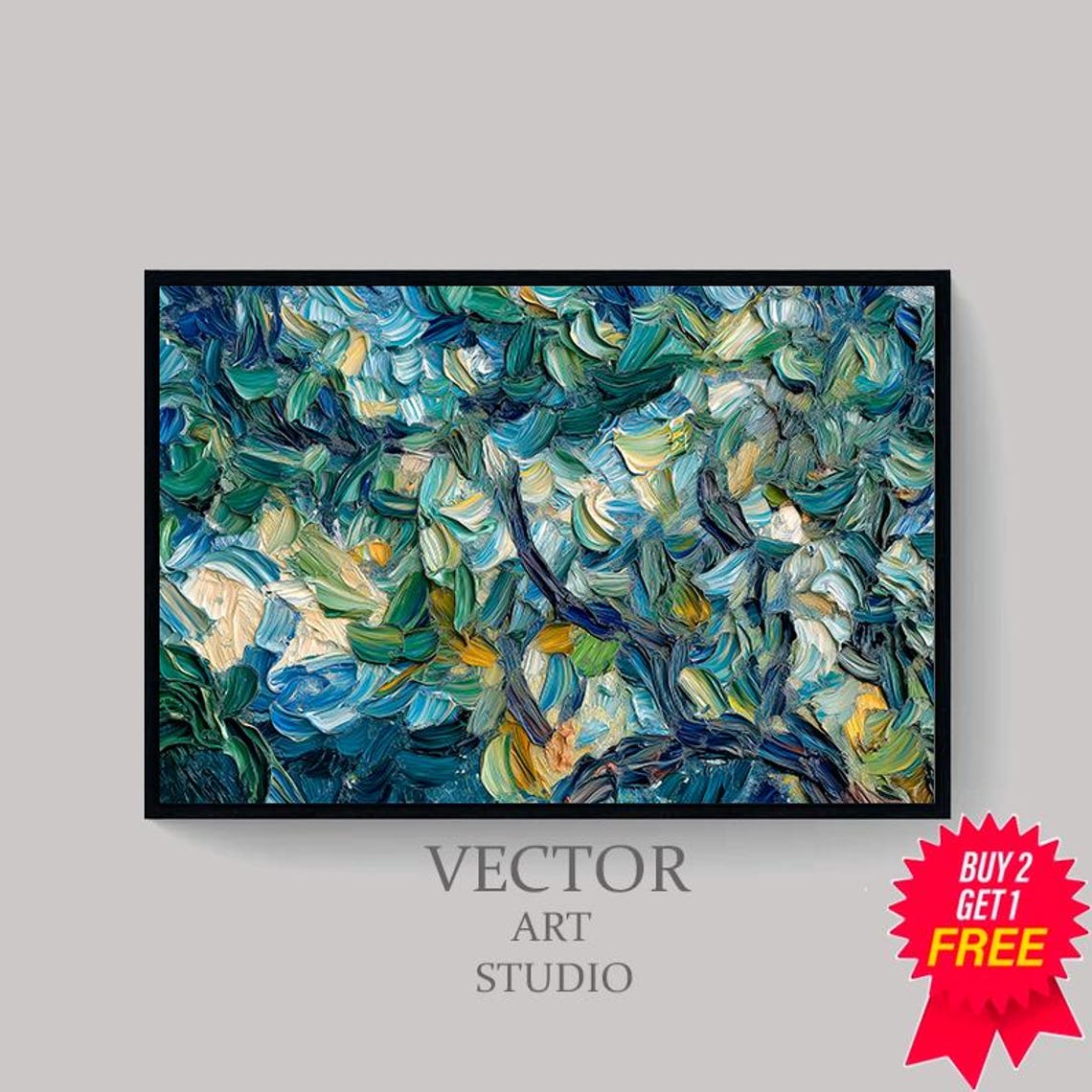 Thick Impasto Blue Green Foliage Abstract Painting Modern Art Poster - Image 4