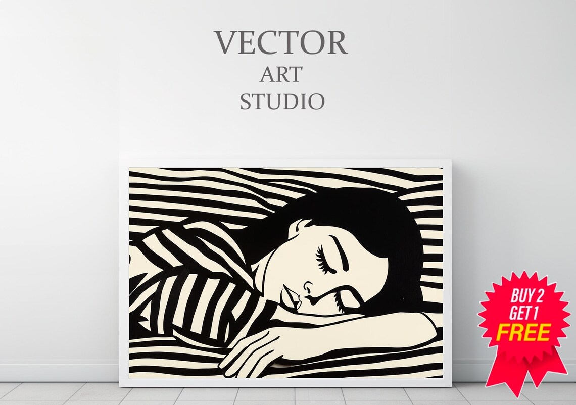 Sleeping Woman on Bold Striped Bed Black White Graphic Pop Art Style Poster - Image 3