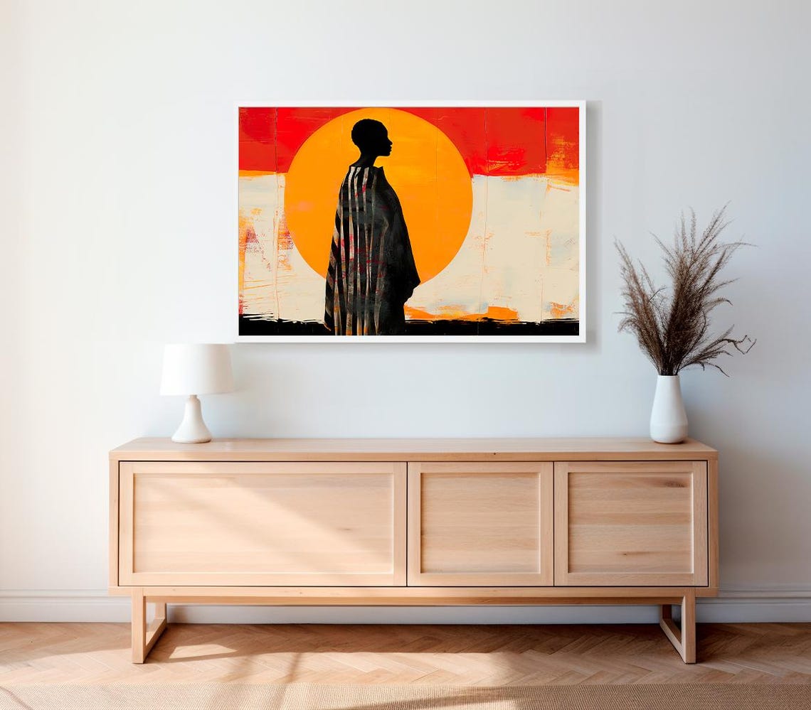 Woman Silhouette Sunset Orange Sun Contemporary Abstract Poster - Image 2