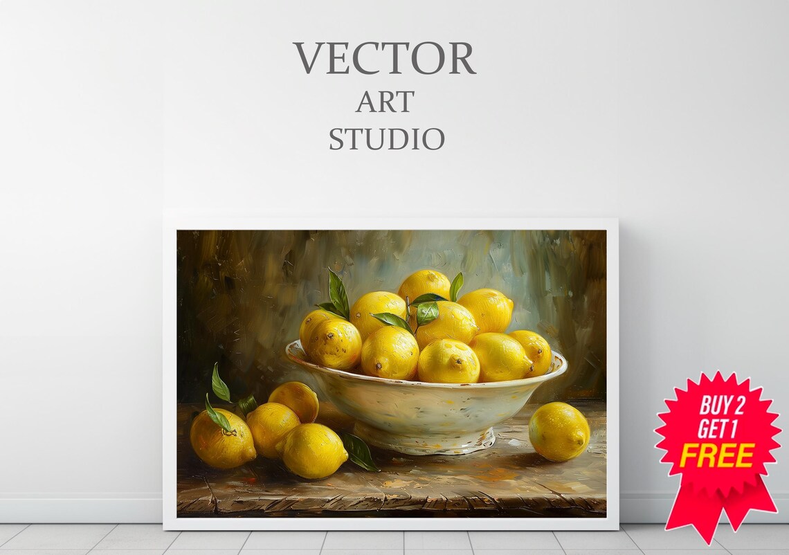 Moody Lemon Painting Art Vintage Fruit Still Life - Image 3