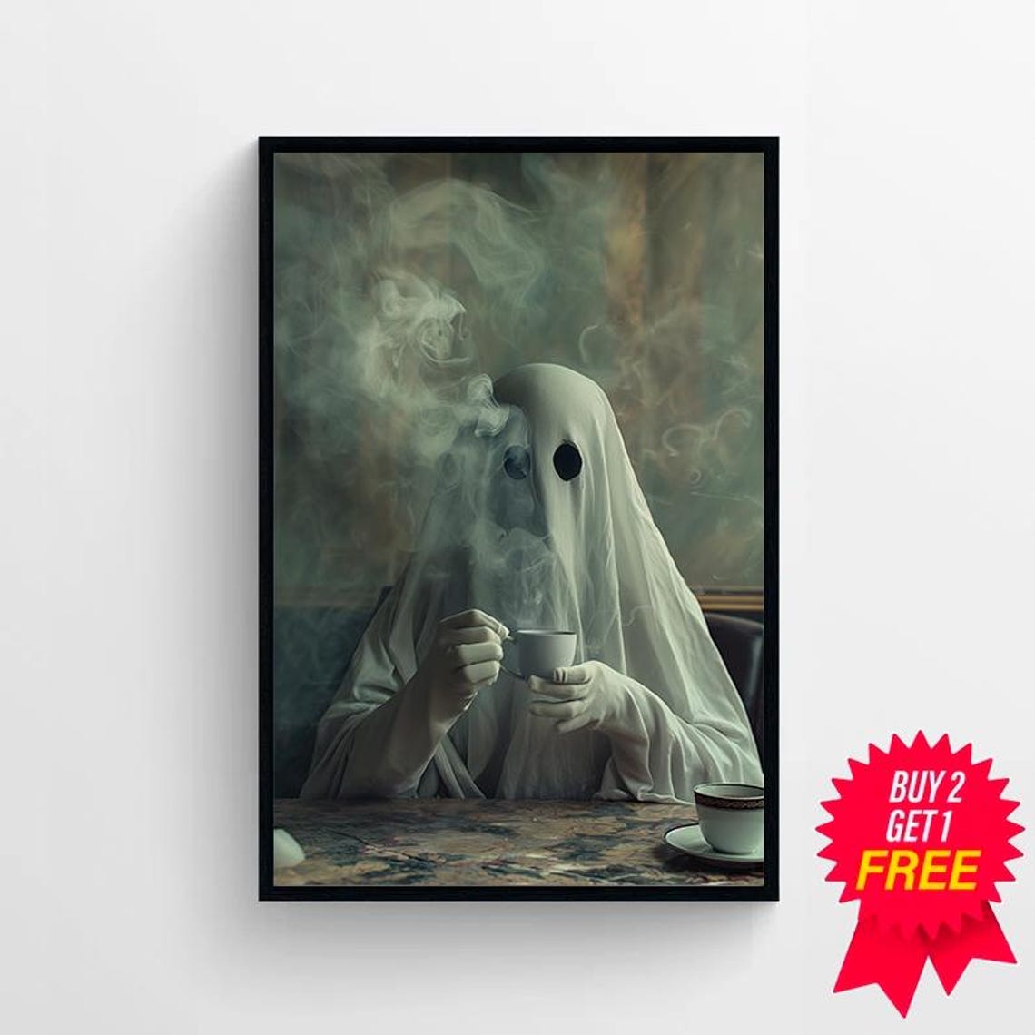 Cute Ghost Drinking Coffee In Smoky Moody Dark Academia Art Poster - Image 4