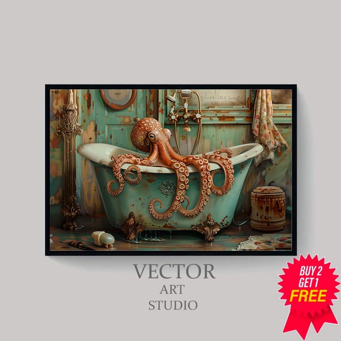 Funny Bathroom Wall Art Octopus In The Bathtub Oil Painting Octopus Wall Art Animal In Bathtub Dark Humor Whimsy Animal Art - Image 4