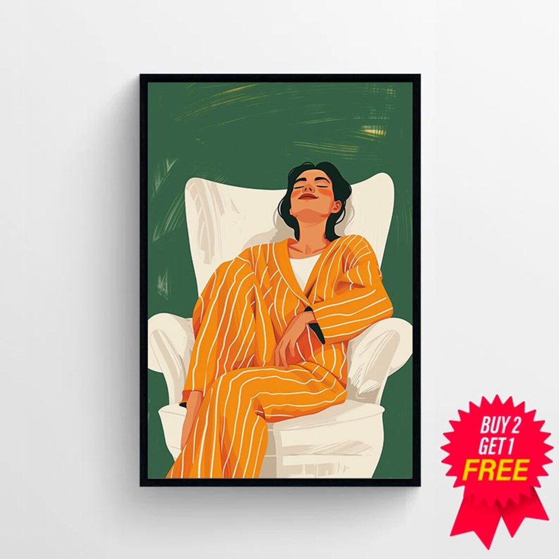 Stylish Woman Relaxing in Striped Pajamas Modern Lounge Poster - Image 4