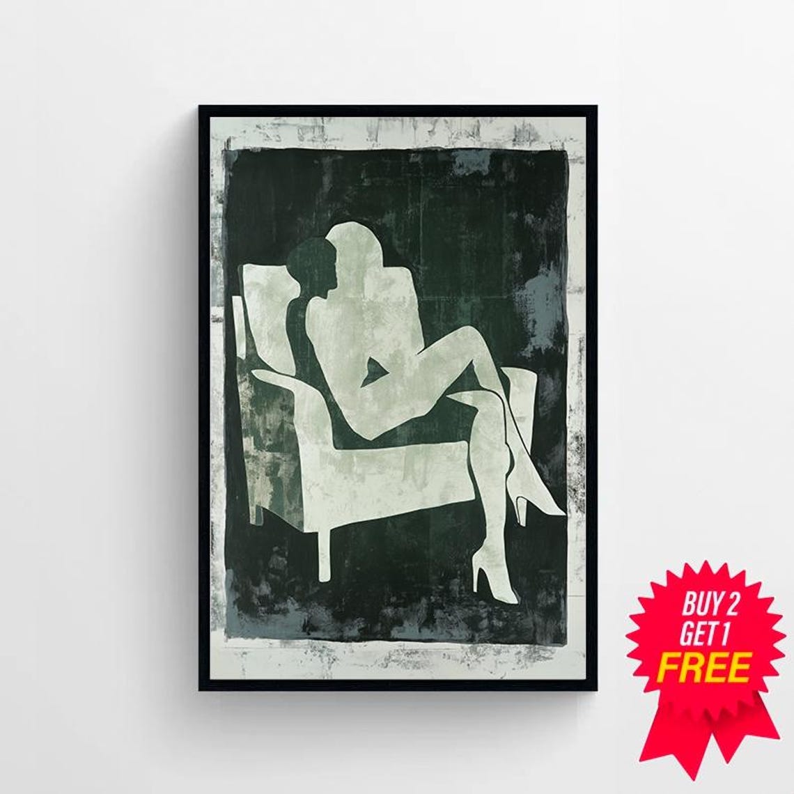 Pale Abstract Seated Figure in Armchair on Dark Green Canvas Poster - Image 4