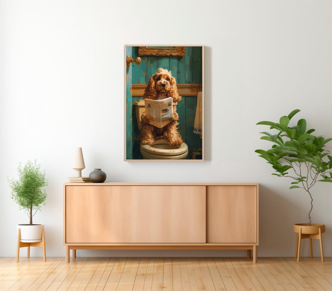 Funny Golden Cocker Spaniel Reading Newspaper on the Toilet Poster - Image 2