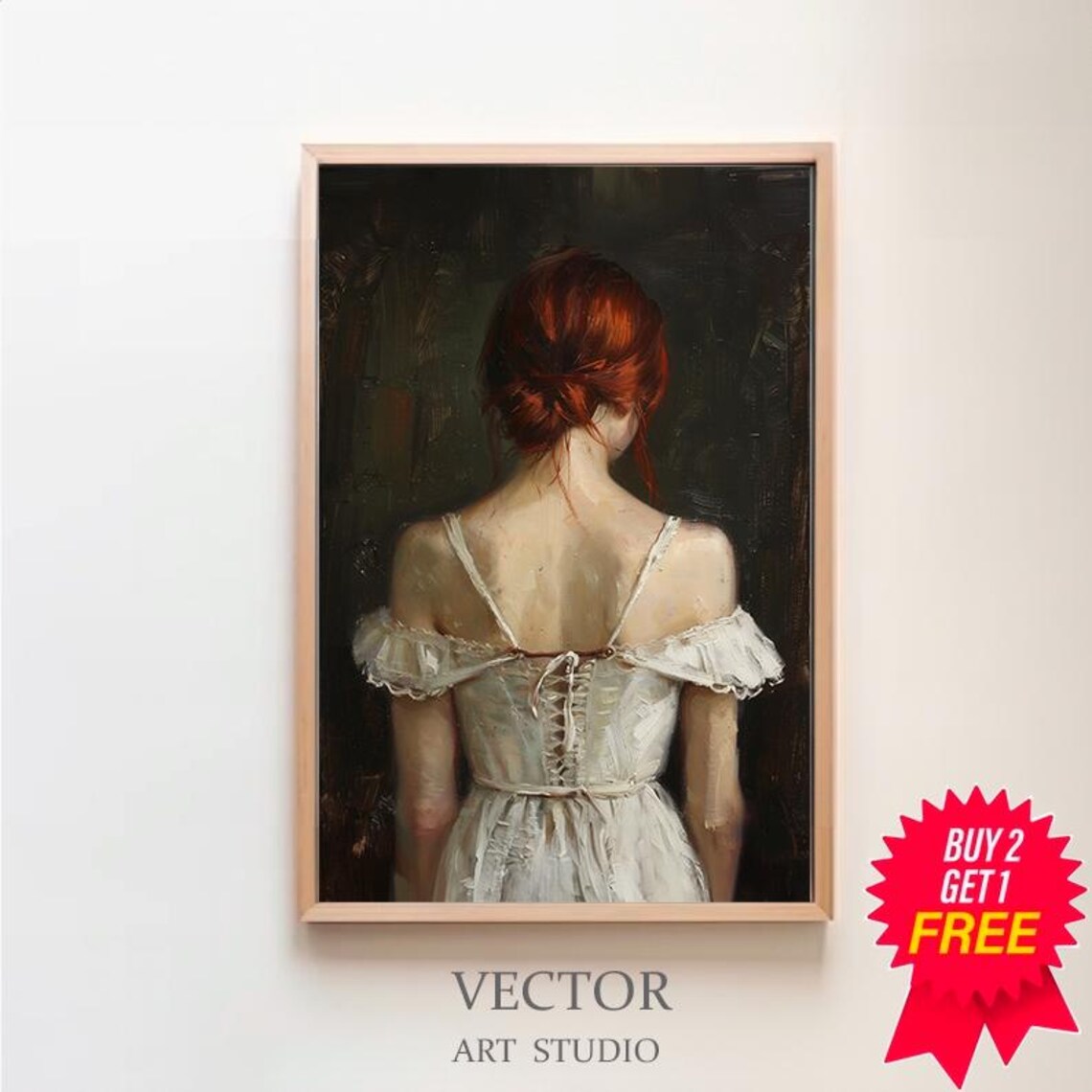 Back View of a Redhead Woman in White Lace Oil Painting Poster