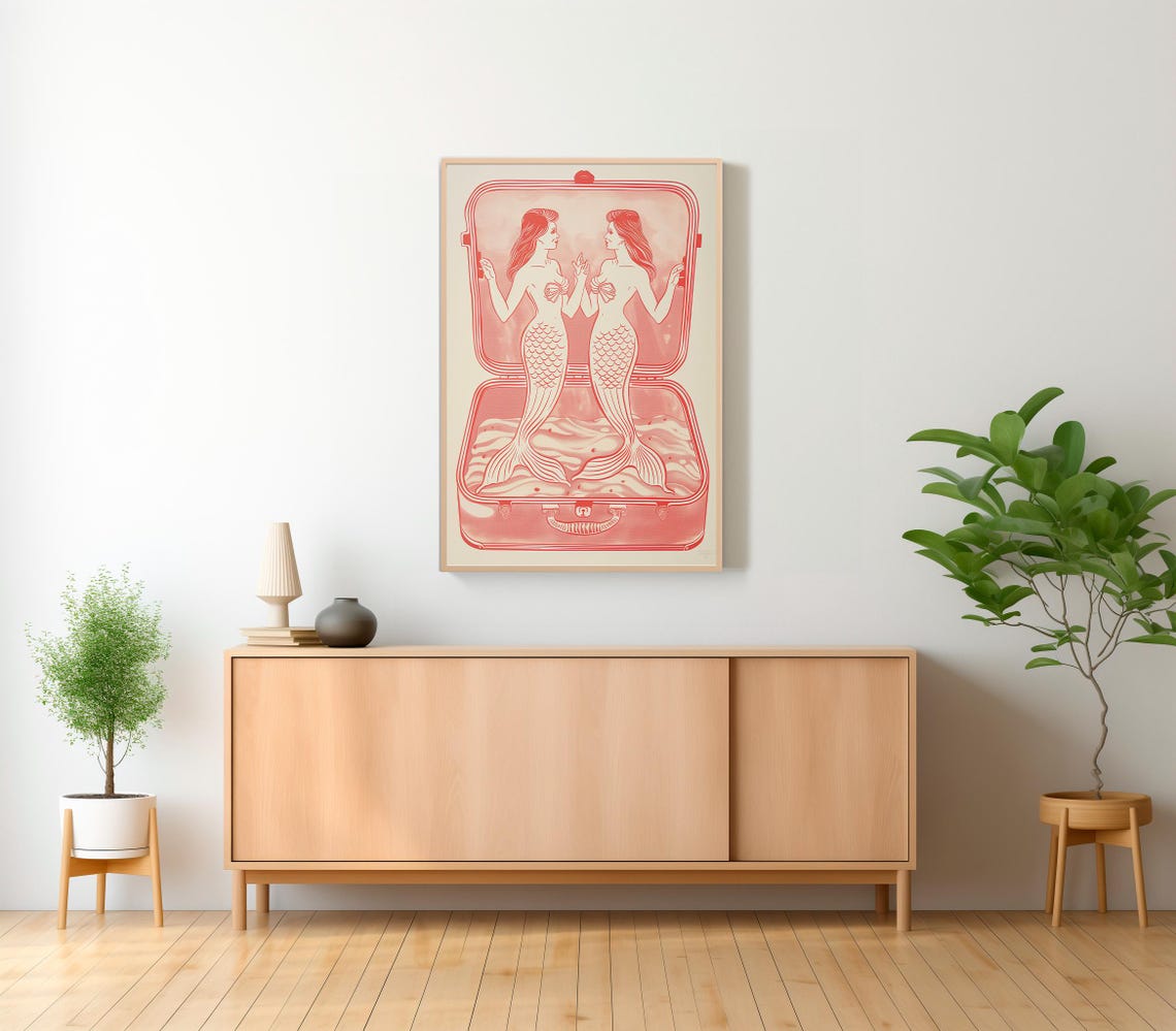 Twin Mermaids in a Pink Sardine Tin Retro Coastal Kitchen Art Poster - Image 2